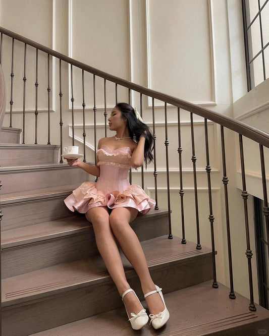 Princess Pink Strapless Sweetheart Neck Satin A-Line 17th Birthday Homecoming Dress P3517