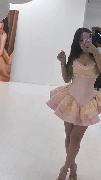 Princess Pink Strapless Sweetheart Neck Satin A-Line 17th Birthday Homecoming Dress P3517