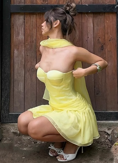 Cute Yellow Sweetheart Neck A-Line Tulle Mini Homecoming Dress P3521