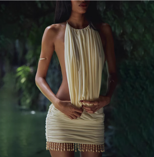 Sexy Pearl Tassel Open Back Halter Neck Hip Homecoming Dress P3544