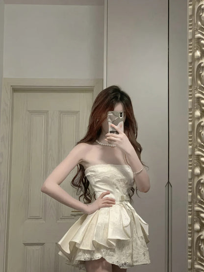 Sweet Tube Top Bow Lace Waist Mini 17th Birthday Homecoming Dress P3567