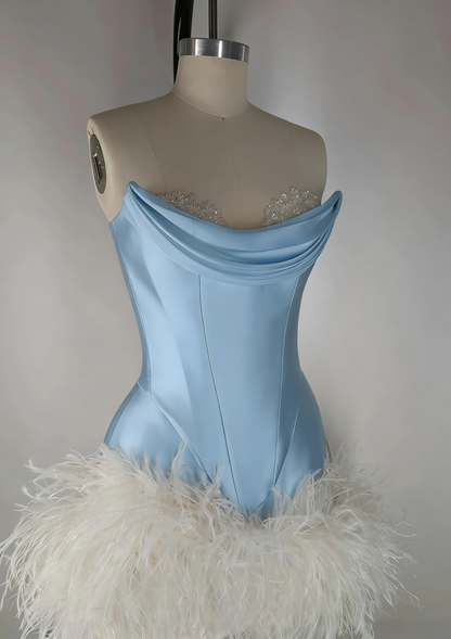 Elegant Satin Tube Top Feather Edge Bodycon 19th Birthday Homecoming Dress P3604
