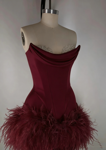 Elegant Satin Tube Top Feather Edge Bodycon 19th Birthday Homecoming Dress P3604