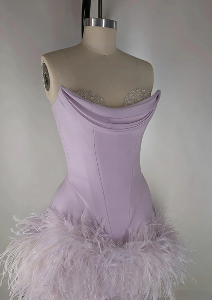 Elegant Satin Tube Top Feather Edge Bodycon 19th Birthday Homecoming Dress P3604
