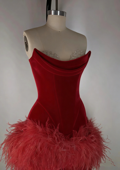 Elegant Satin Tube Top Feather Edge Bodycon 19th Birthday Homecoming Dress P3604