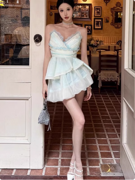 Cute Puffy Pink V Neck Mini Birthday Dress Homecoming Dress P3626