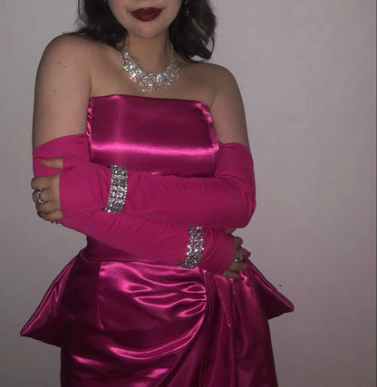 Cute Hot Pink Bandeau Satin Bow 17th Birthday Homecoming Dress P3634