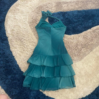 Sweet Glitter Halterneck V-neck Ruffled Mini 16th Birthday Homecoming Dress P3706