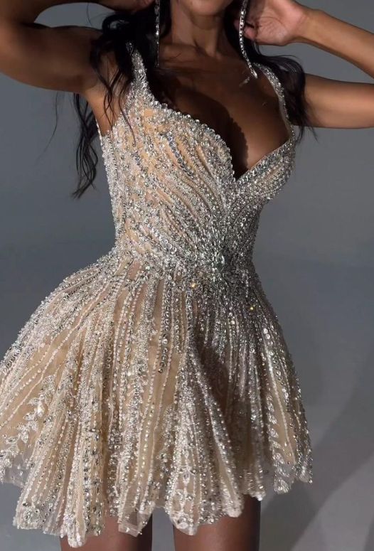 Vintage Silvery Shiny Beaded A-Line Short Party Dress Cocktail Dress Homecoming Dress TP4464