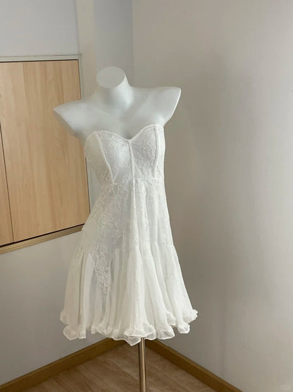 Elegant Tube Top White Lace Splicing Mesh A-line 17th Birthday Homecoming Dress P3725