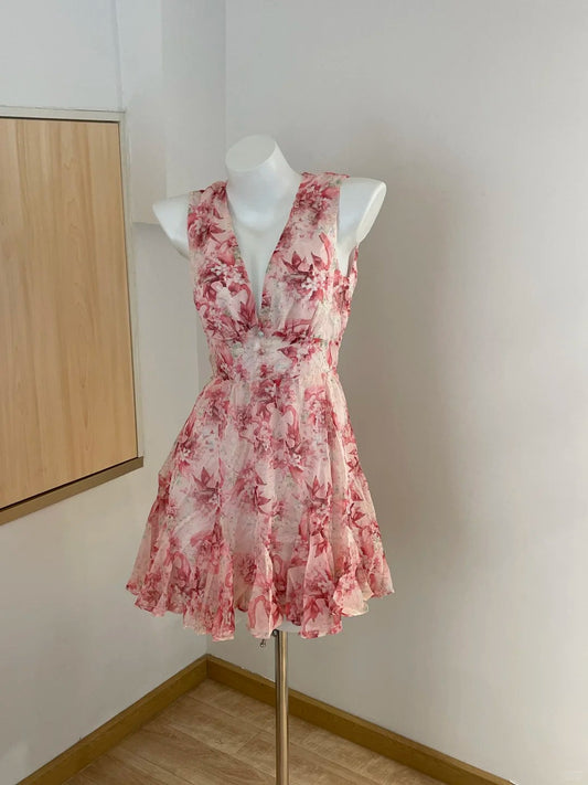 Sweet Pink Floral Backless Multi-Layered Pleated Chiffon Homecoming Dress P3727