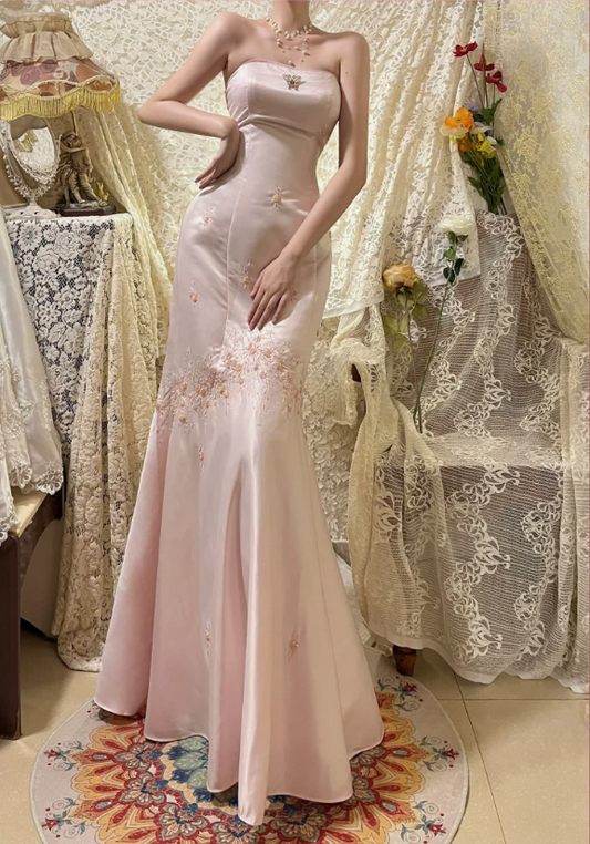 Vintage Pink Strapless Satin Beaded Mermaid Prom Dress P3758