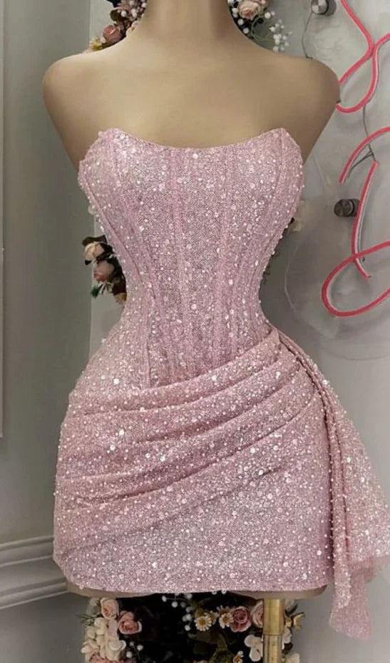 Cute Pink Sleeveless Sequined Slim Fit Hip 17th Birthday Homecoming Dress P3778