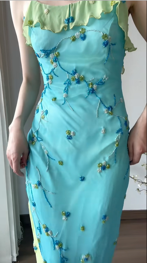 Beautiful Ruffled Beaded Strapless Blue Long Prom Dress P3789