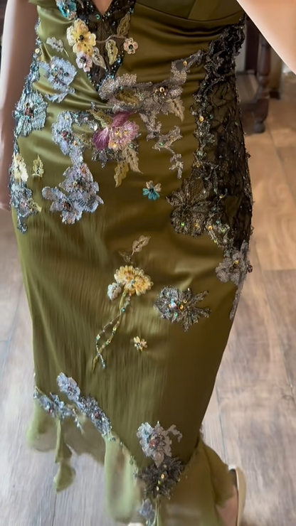 Vintage Emerald Deep V Neck Beaded Satin Lace Elegant Prom Dress P3794