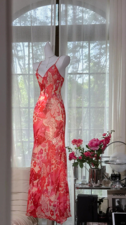 Beautiful Printed V-neck Strapless Chiffon Mermaid Prom Dress P3797