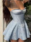 French Jacquard Texture Blue Strappy Waist 17th Birthday Cocktail Dress