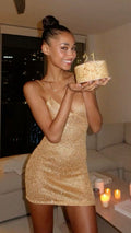 V Neck Gold Sequin Dress Short Graduation Cocktail Gown