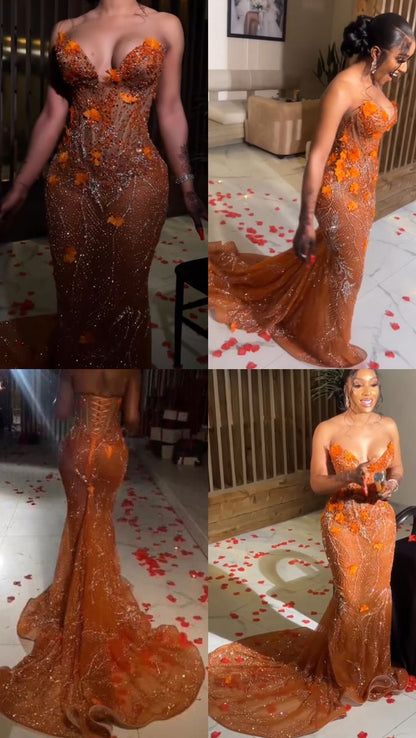 Mermaid Orange Prom Dresses Sleeveless 17th Birthday Outfits P394