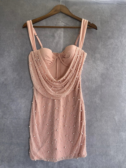 Cute Pink Suspender Hollow Beaded Hip-hugging 17th Birthday Homecoming Dress P3950