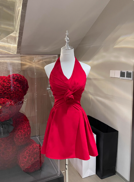 Elegant Plunging V Neck Red Satin A-Line Short Graduation Dress Party