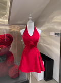 Elegant Plunging V Neck Red Satin A-Line Short Graduation Dress Party