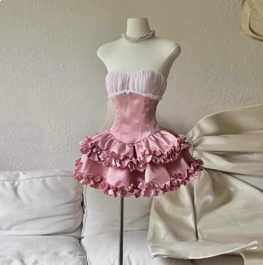 Princess Tube Top Fishbone Waist Ruffled Puffy Birthday Skirt Homecoming Dress P3974