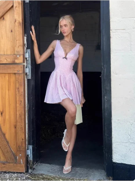 Vintage Pink V-neck Polka Dot A-Line Short Party Dress Cocktail Dress Homecoming Dress TP4475