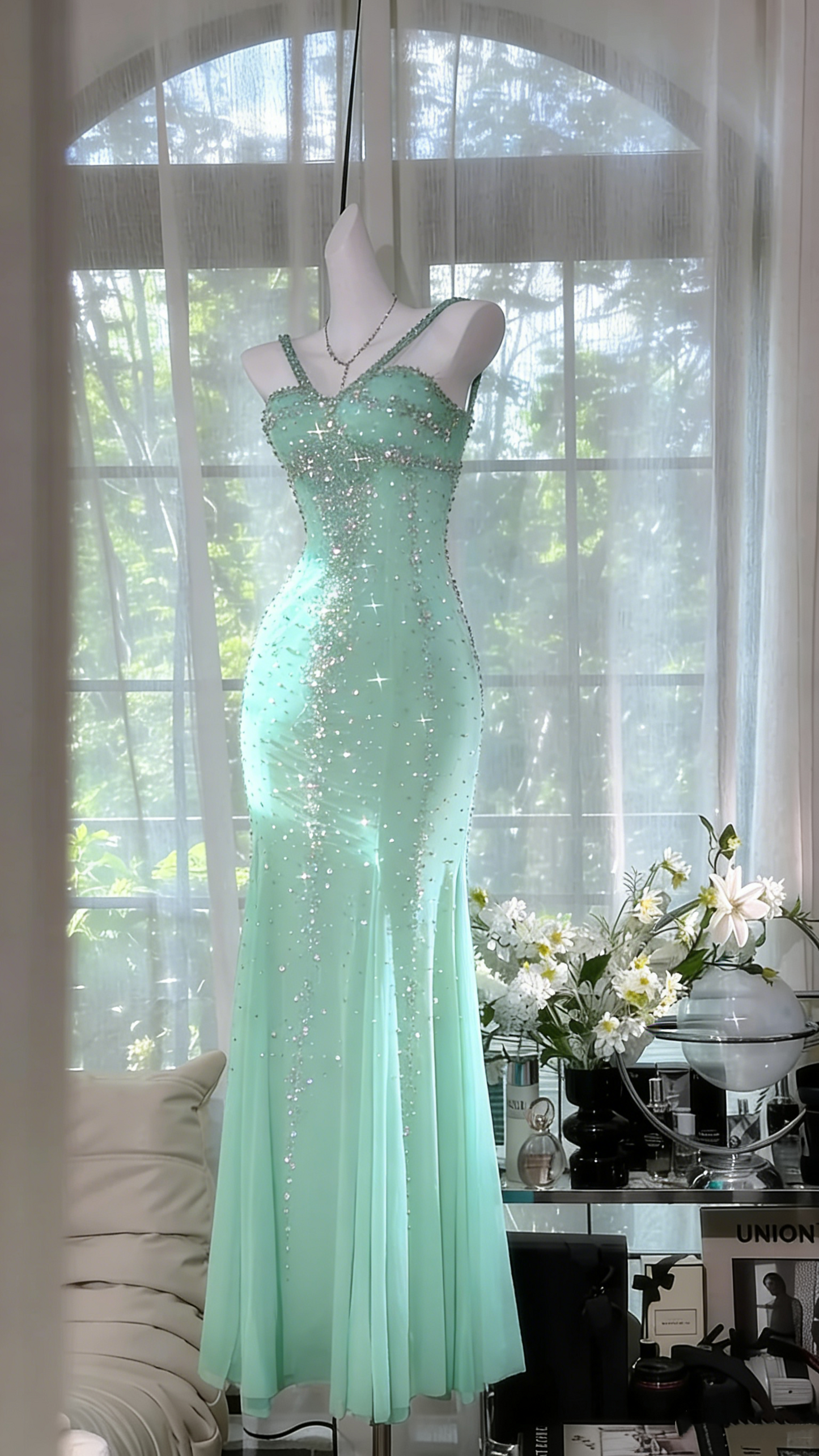 Shimmering Lake Blue Mermaid Beaded Chiffon Long Prom Dress Evening Dress P4037