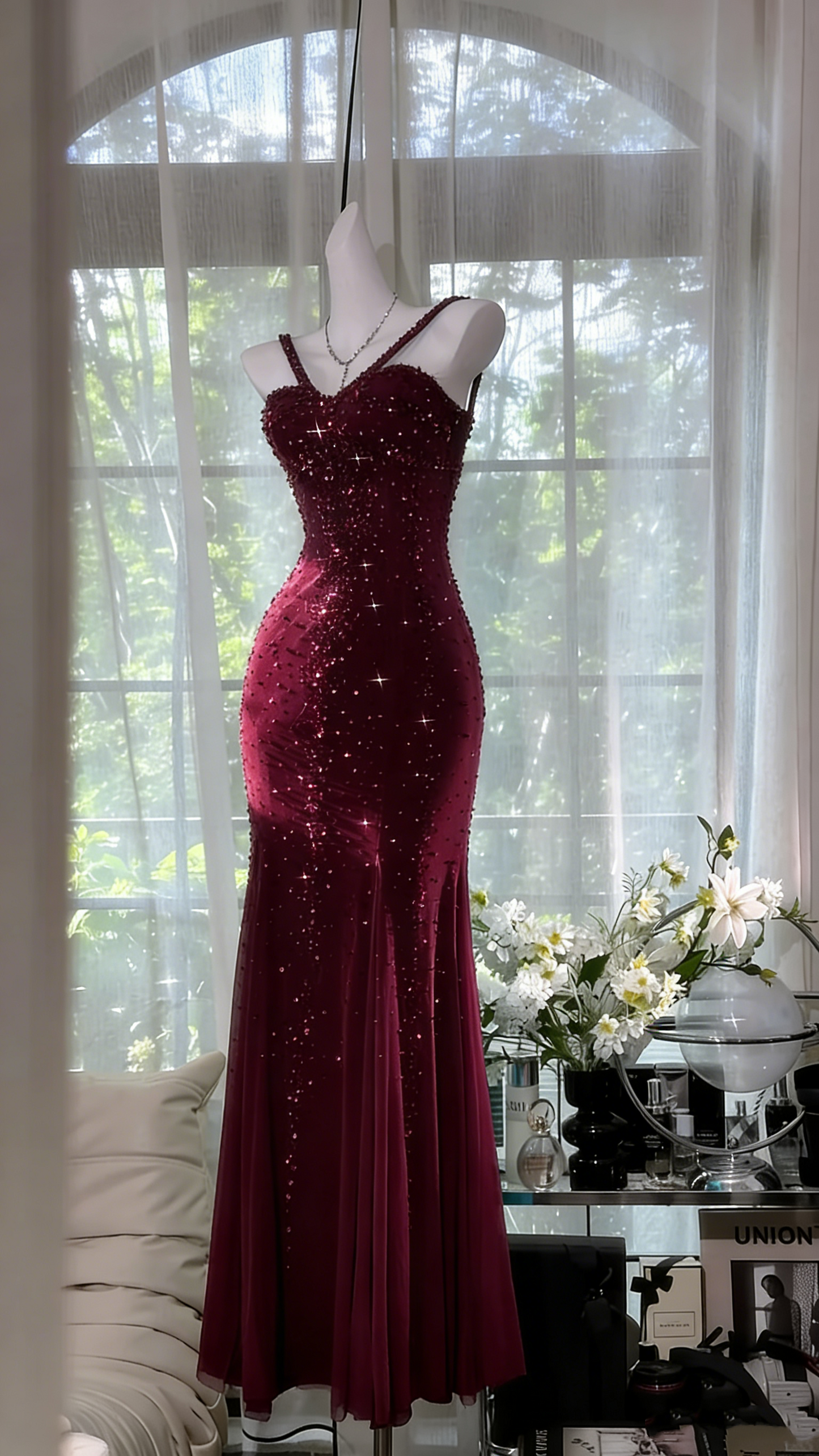 Shimmering Lake Blue Mermaid Beaded Chiffon Long Prom Dress Evening Dress P4037