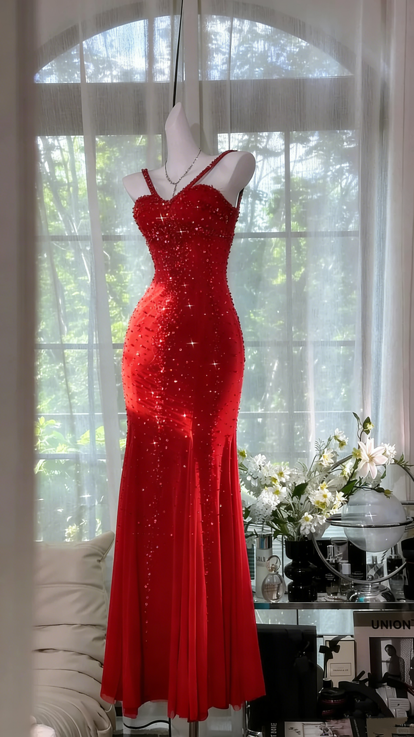 Shimmering Lake Blue Mermaid Beaded Chiffon Long Prom Dress Evening Dress P4037
