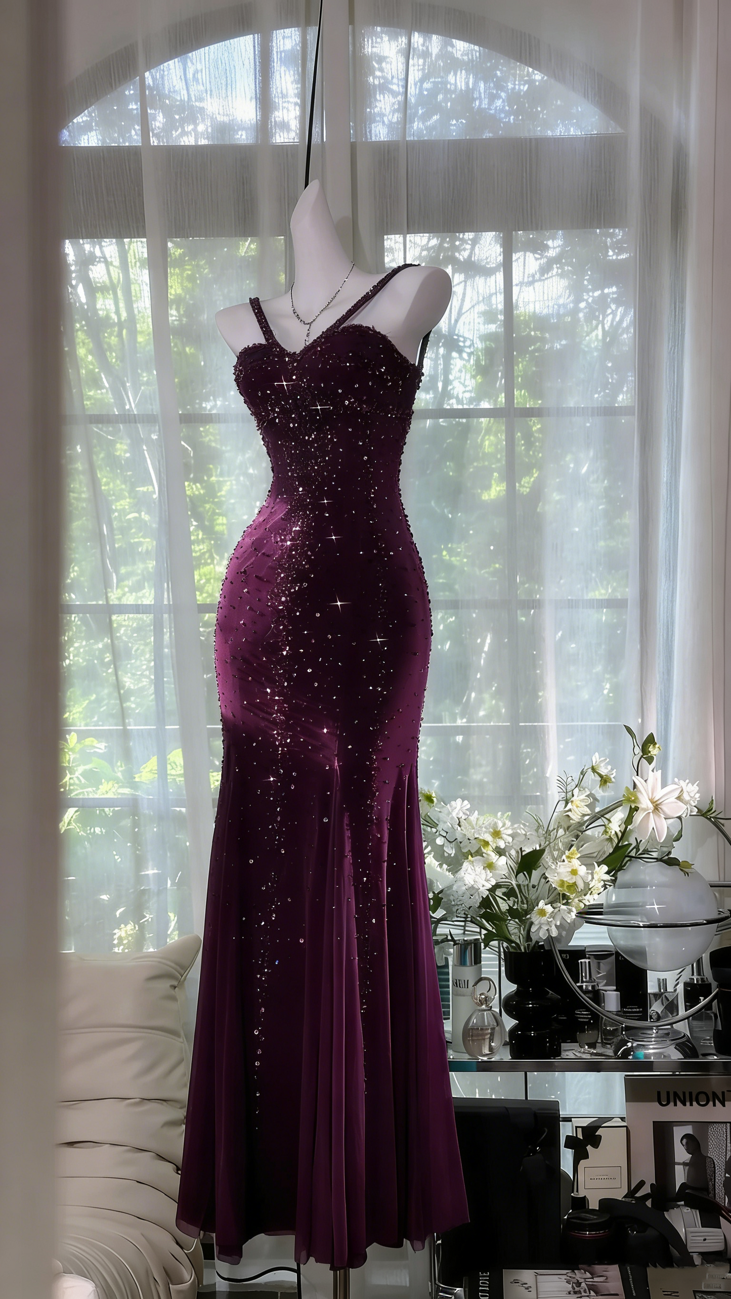 Shimmering Lake Blue Mermaid Beaded Chiffon Long Prom Dress Evening Dress P4037