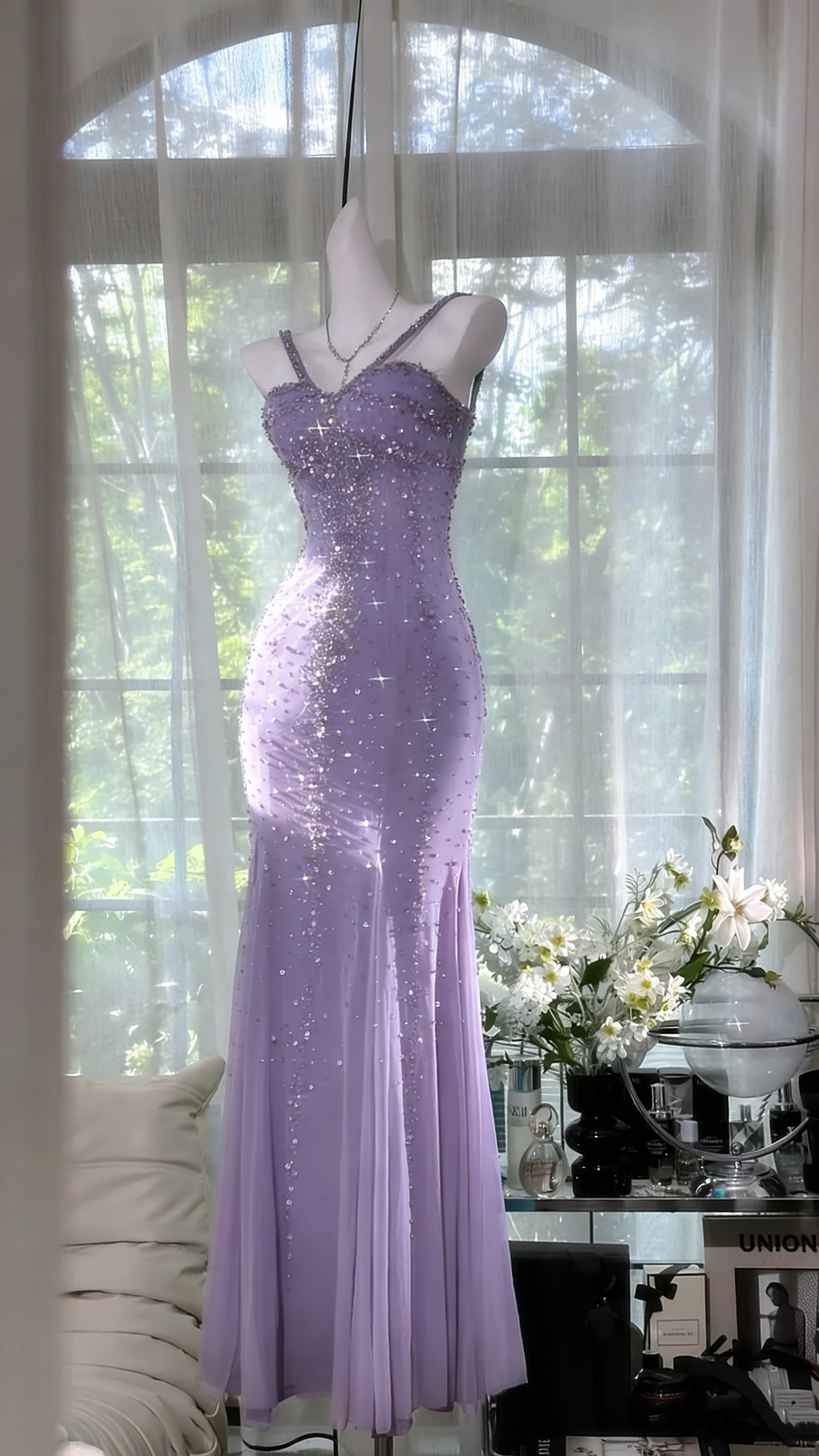 Shimmering Lake Blue Mermaid Beaded Chiffon Long Prom Dress Evening Dress P4037