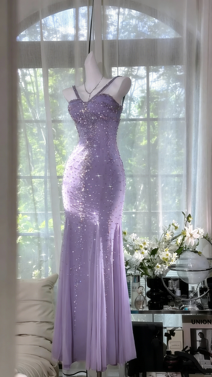 Shimmering Lake Blue Mermaid Beaded Chiffon Long Prom Dress Evening Dress P4037