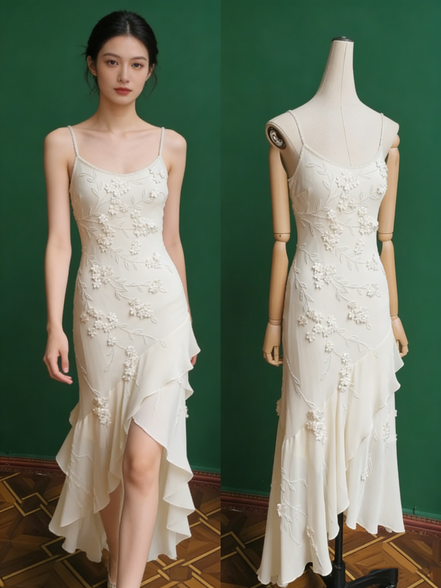 Elegant White Mermaid Spaghetti Strap U-neck 3D Foral Embroidery Chiffon Prom Dress Evening Dress P4280