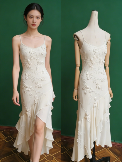 Elegant White Mermaid Spaghetti Strap U-neck 3D Foral Embroidery Chiffon Prom Dress Evening Dress P4280