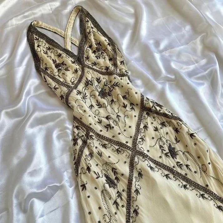 Vintage Ivory V-neck Embroidery Mermaid Prom Dress Party Dress Evening Dress TP4507