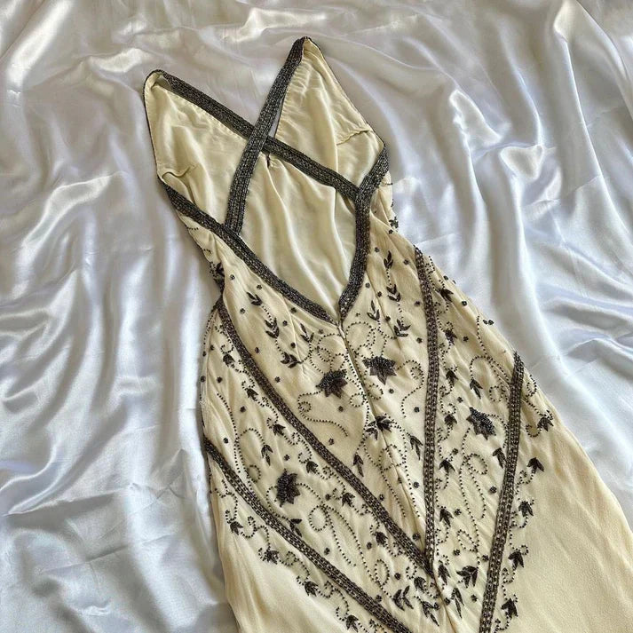 Vintage Ivory V-neck Embroidery Mermaid Prom Dress Party Dress Evening Dress TP4507