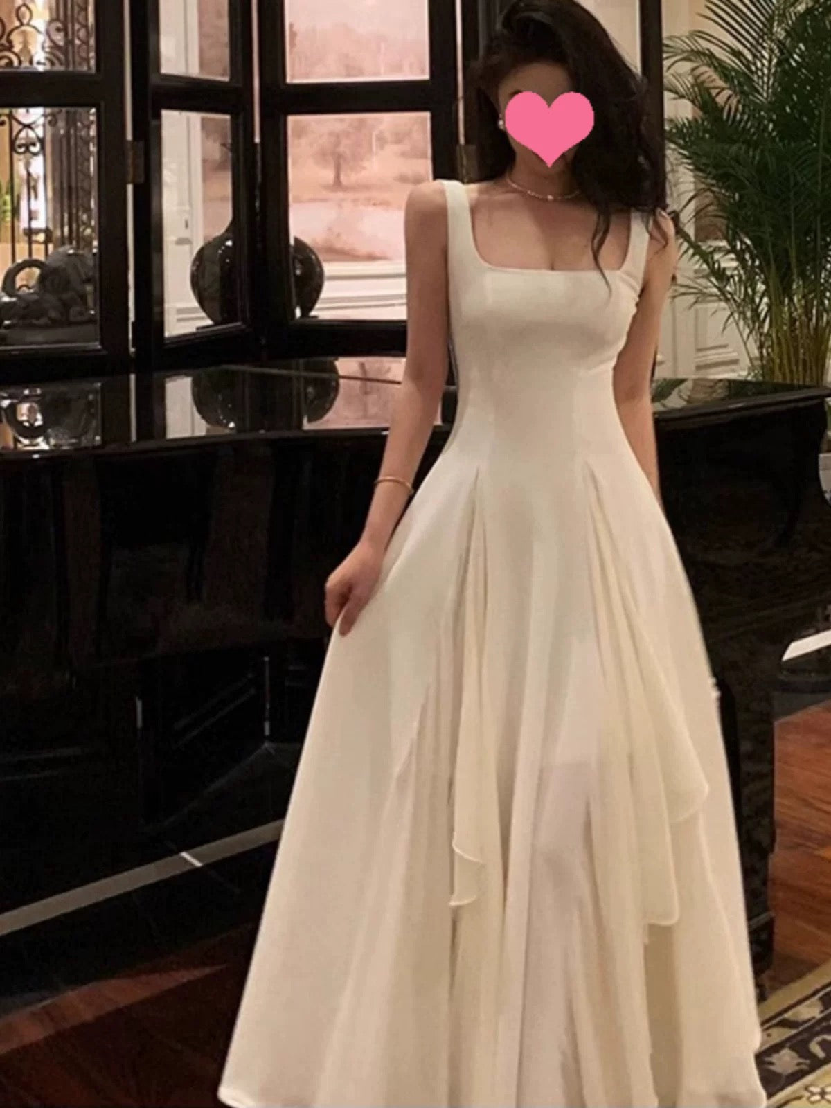 A Line Square Neck Prom Dress, Ankle Length Birthday Outfits P447
