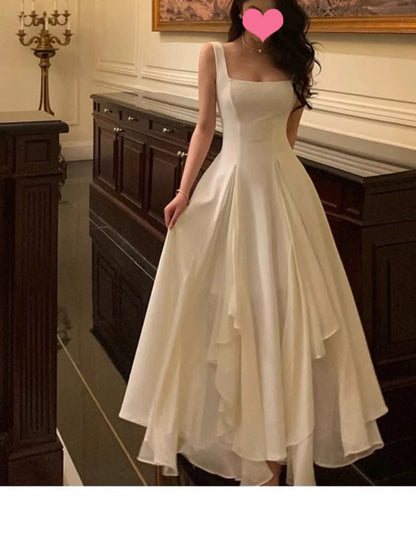 A Line Square Neck Prom Dress, Ankle Length Birthday Outfits P447