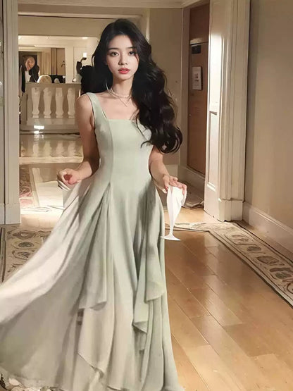 Vintage A line Square Neckline White Ruffles Chiffon Long Prom Dress Formal Dresses P2477