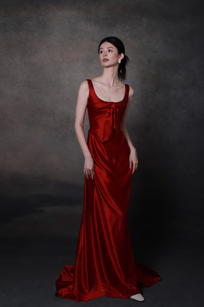 Elegant Olive Green Square Neck Bow Satin Long Prom Dress Evening Dress P4750