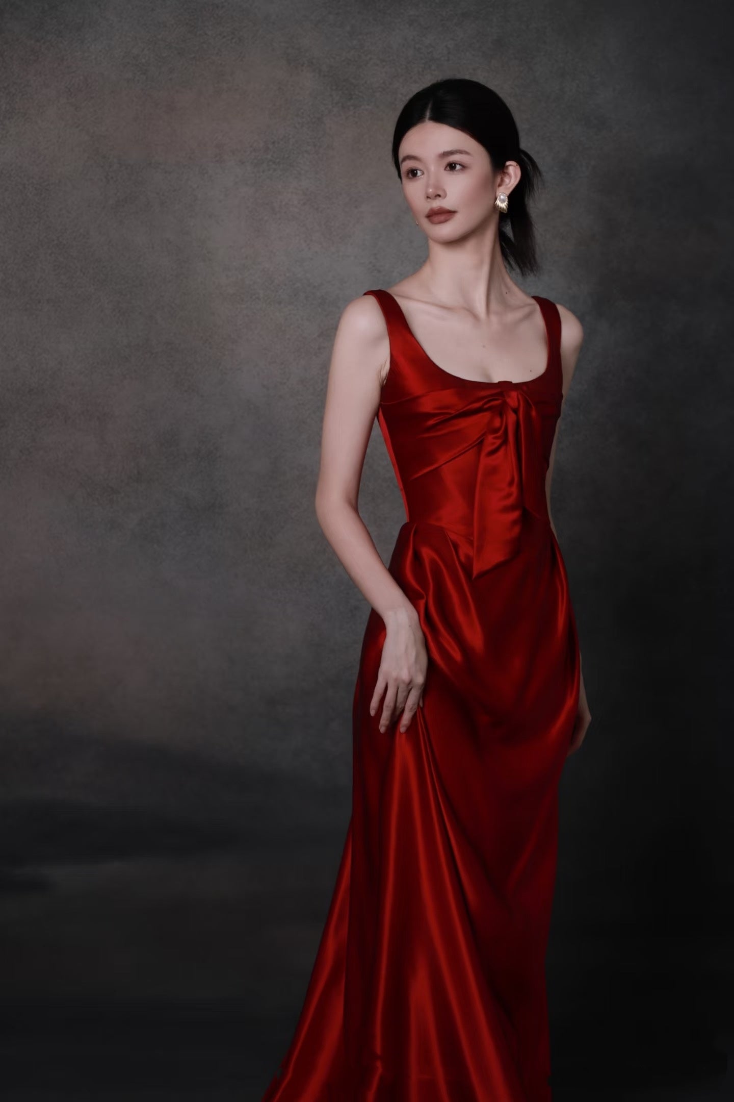 Elegant Olive Green Square Neck Bow Satin Long Prom Dress Evening Dress P4750