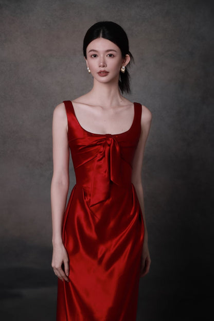 Elegant Olive Green Square Neck Bow Satin Long Prom Dress Evening Dress P4750