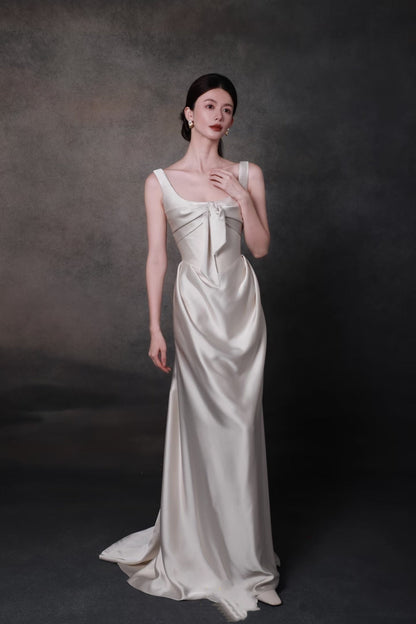 Elegant Olive Green Square Neck Bow Satin Long Prom Dress Evening Dress P4750