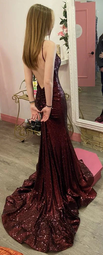 Mermaid Burgundy Sequin Floor Length Prom Dress 22st Birthday Outfit P1374
