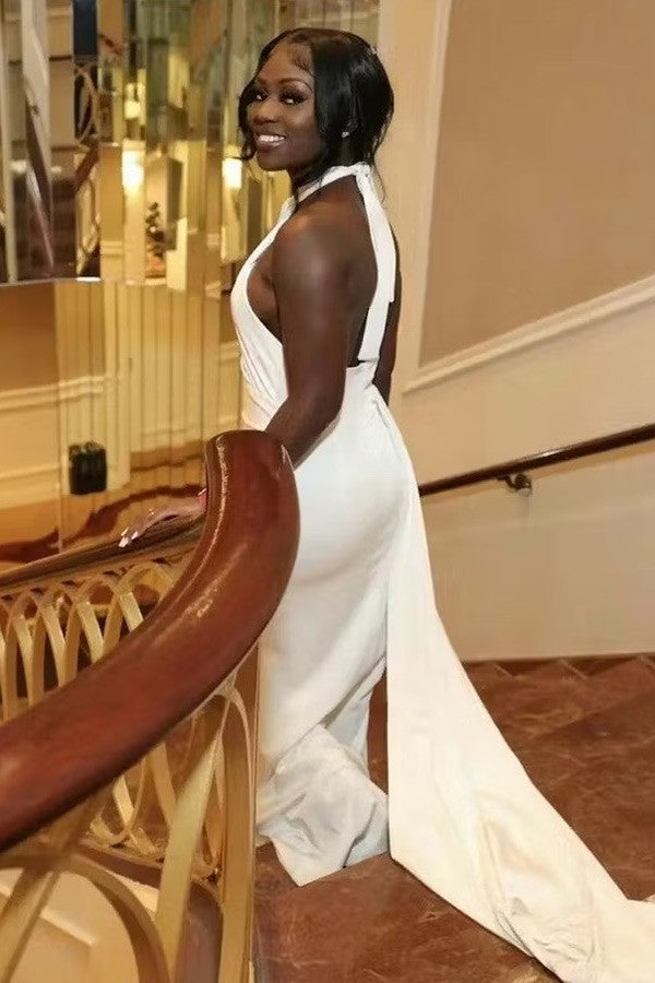 Vintage Mermaid Halter Sleeveless Ivory Long Prom Dresses P496