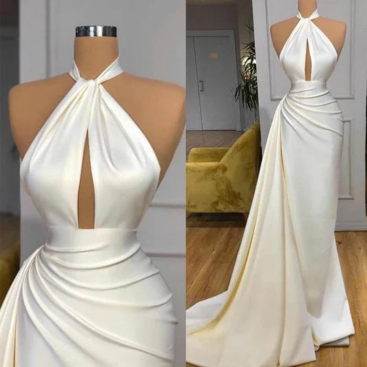 Vintage Mermaid Halter Sleeveless Ivory Long Prom Dresses P496