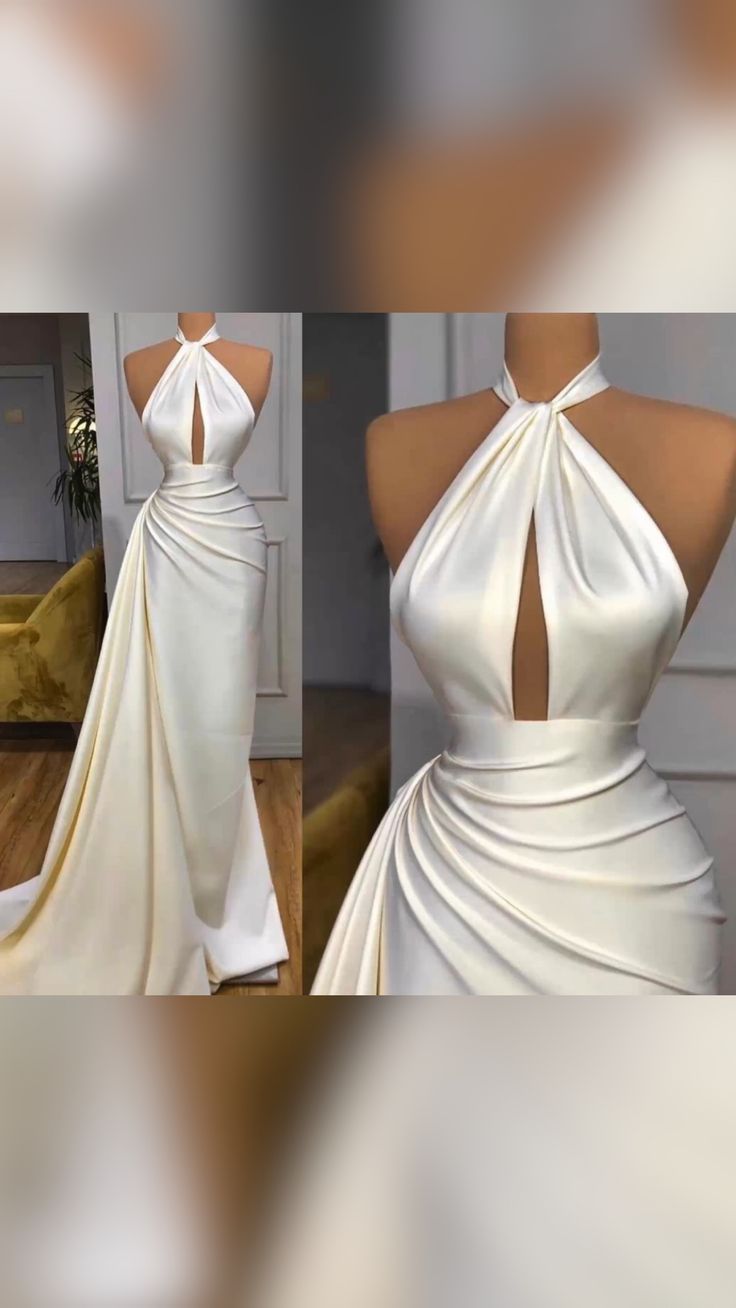Vintage Mermaid Halter Sleeveless Ivory Long Prom Dresses P496