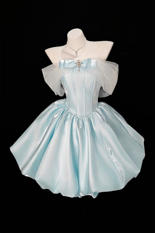 Lovely Homecoming Dress Baby Blue Stain Off Shoulder Pleated Cocktail Dress Short Birthday Party Dress      P4980